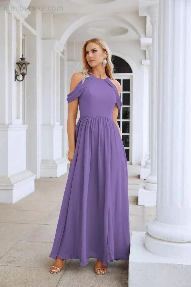 Ladies Chiffon Off Shoulder Swing Sleeve Front Slit Bridesmaid Evening Dress Wedding Party Evening Dress 28117 (ZD17011)