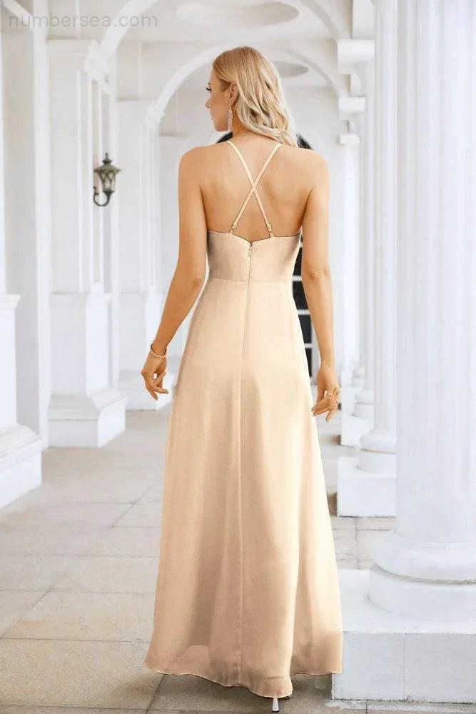 Ladies Chiffon Spaghetti Strap V Neck Front Slit Floor Length Bridesmaid Evening Dress Prom Party Wedding Evening Dress 28116 (ZD17012)