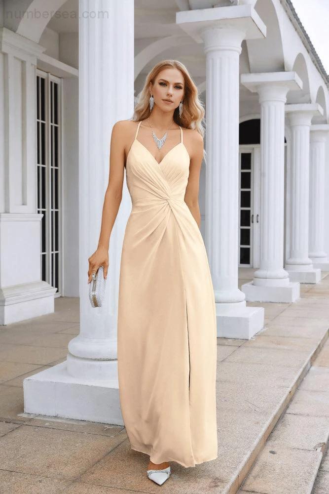 Ladies Chiffon Spaghetti Strap V Neck Front Slit Floor Length Bridesmaid Evening Dress Prom Party Wedding Evening Dress 28116 (ZD17012)