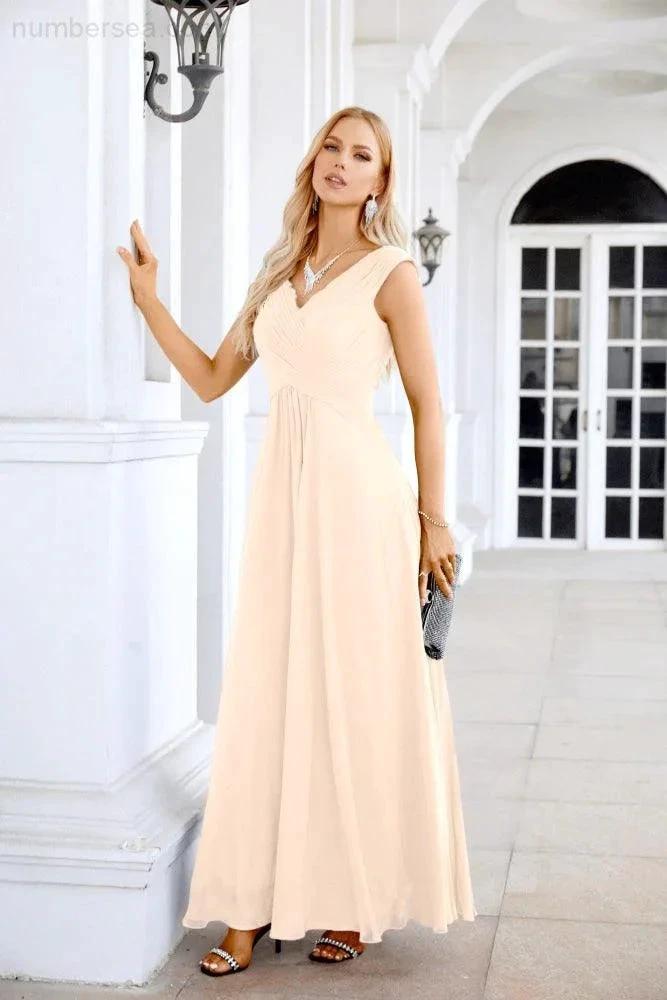 Ladies Chiffon V Neck Sleeveless Floor Length Bridesmaid Evening Dress Wedding Party Evening Dress 28126 (ZD16989)