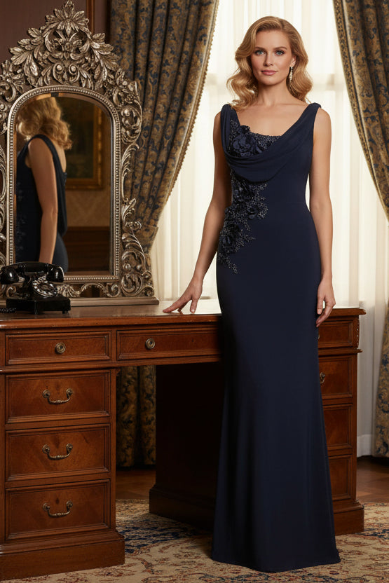 Navy Blue Cowl Neck Backless Beaded Maxi Gown