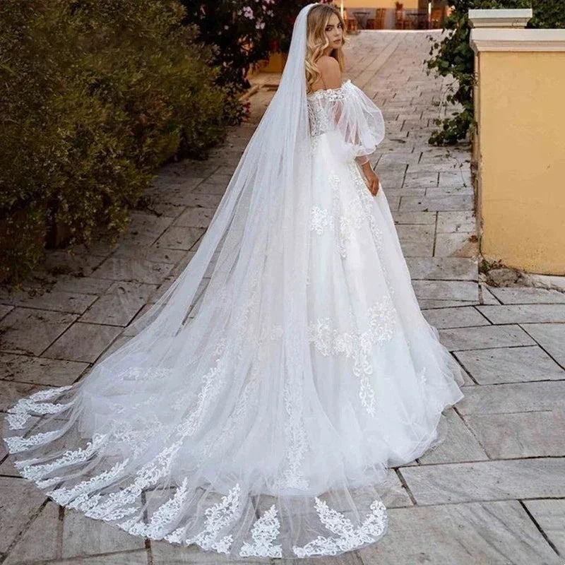 Tulle Princess Wedding Dress Puff Sleeves Off Shoulder Bridal Gown Sweetheart Appliques Lace vestidos de noiva (ZD13415)