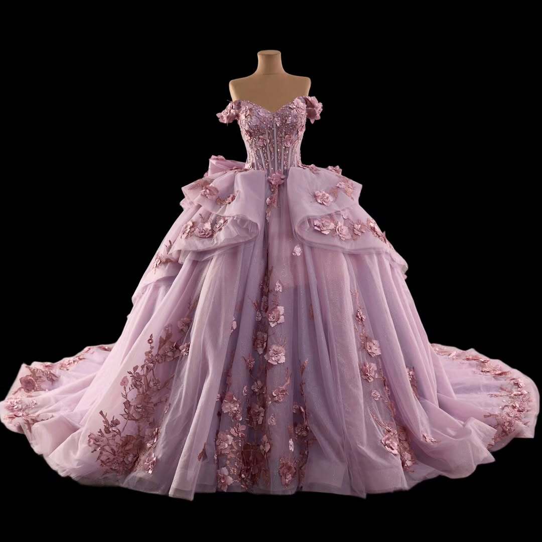 Princess A Line Off the Shoulder Pink Ball Gown Quinceanera Dress with Appliques Bowknot - View 3 | VelvetHem
