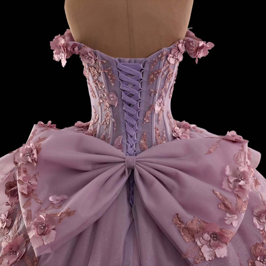 Princess A Line Off the Shoulder Pink Ball Gown Quinceanera Dress with Appliques Bowknot - View 6 | VelvetHem