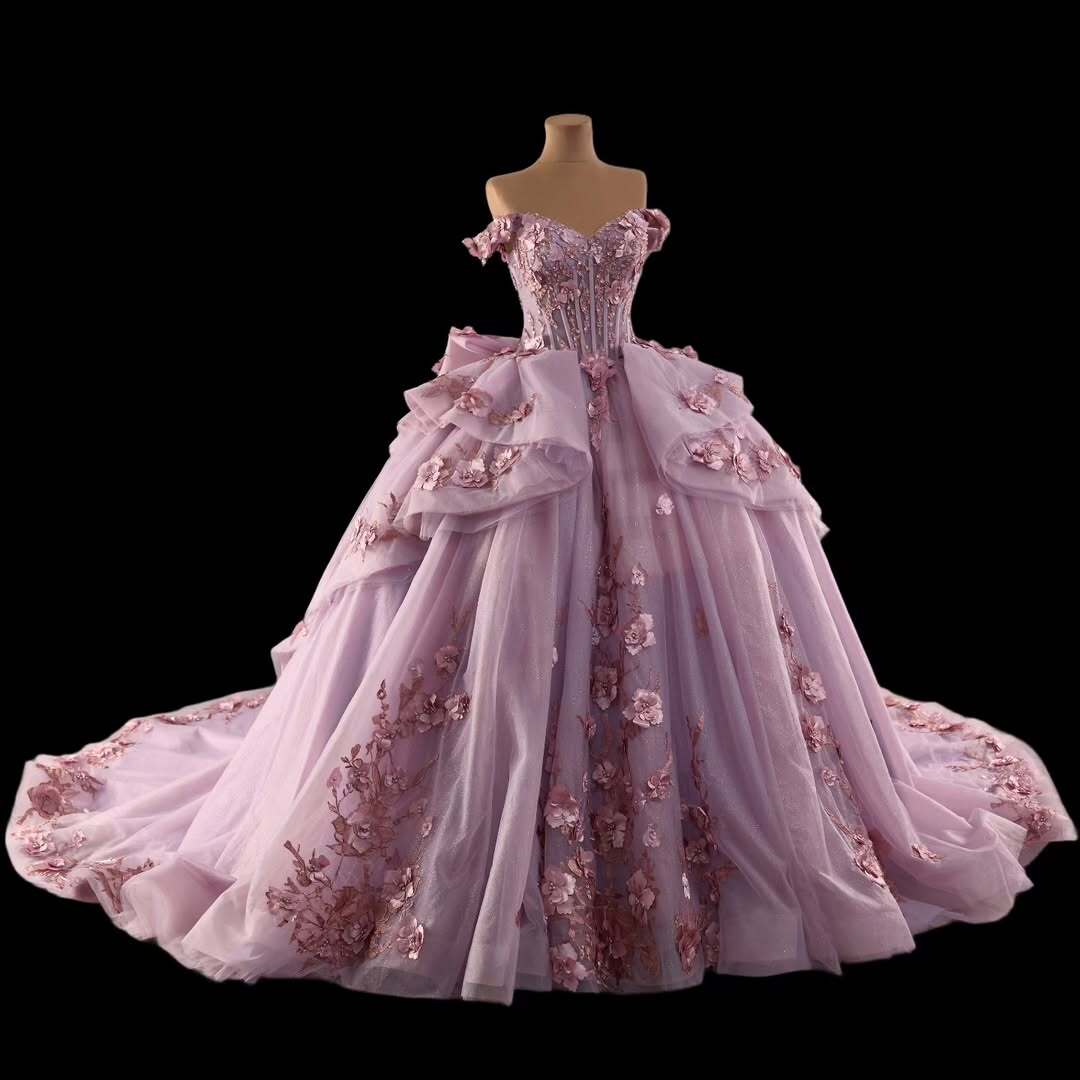 Princess A Line Off the Shoulder Pink Ball Gown Quinceanera Dress with Appliques Bowknot - View 5 | VelvetHem