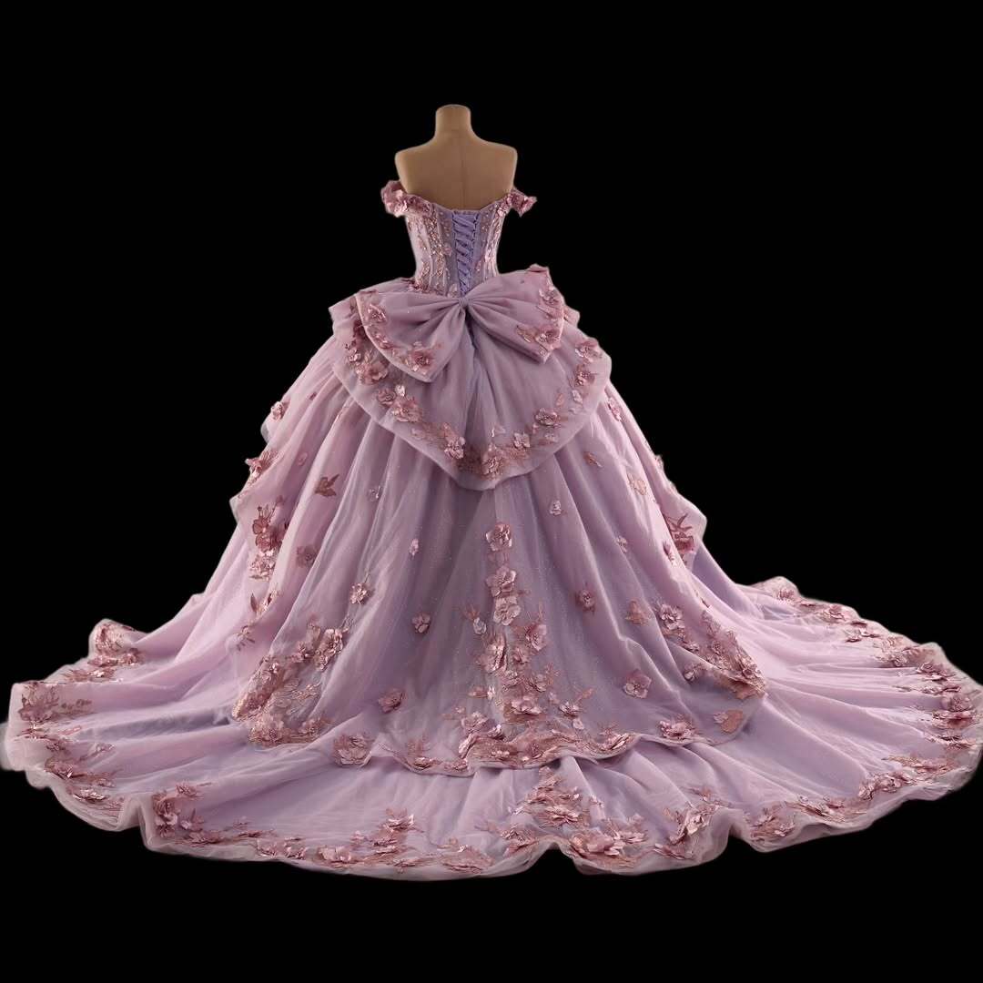 Princess A Line Off the Shoulder Pink Ball Gown Quinceanera Dress with Appliques Bowknot - View 7 | VelvetHem