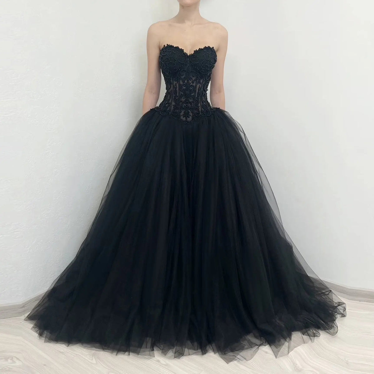 Black Lace Heavy Gothic Beading Wedding Dress Ballgown Corset Closure  ZP202