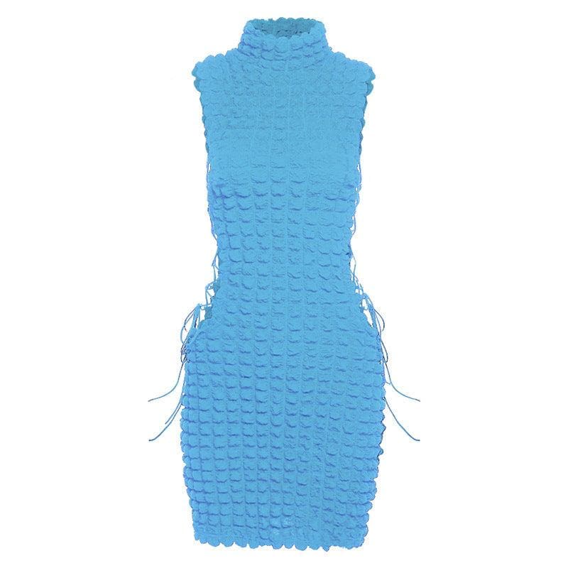 Sleeveless high neck lace up side mini dress