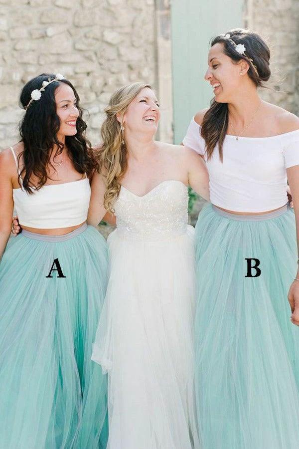 Two Piece Spaghetti Straps Sweep Train Mint Tulle Bridesmaid Dress BD082 by pgmdress