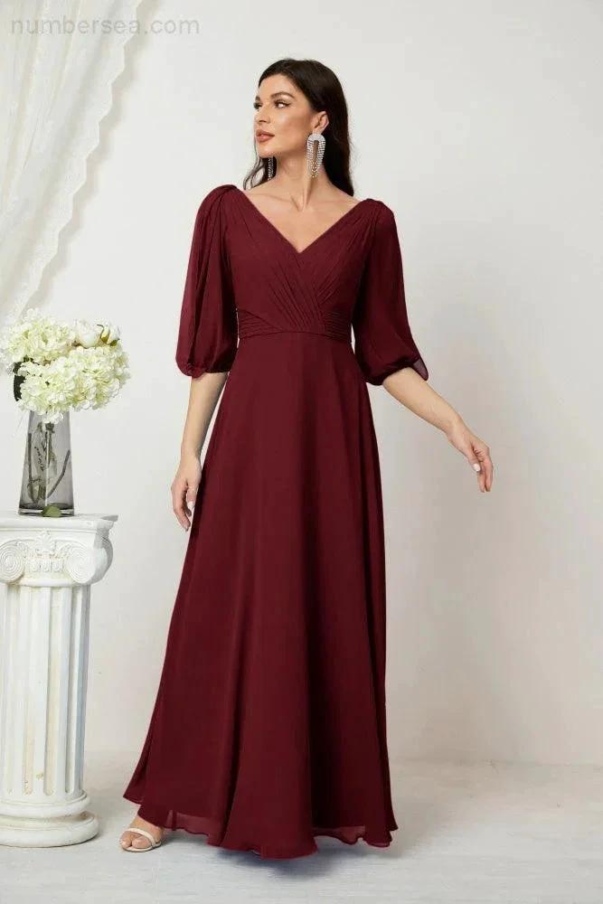 ZapDress  Formal Prom Gown Women V-Neck Chiffon Bridesmaid Dresses Long Bishop Sleeve Party Dress 2807 (ZD17027)
