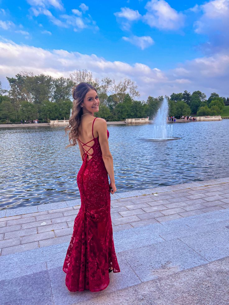Burgundy Mermaid Lace Sequins Prom Dress Formal Wear Dresses fg6922 - View 2 | VelvetHem