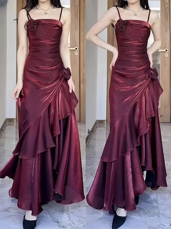Spaghetti Straps Women Dress Custom Sexy Wine Red Tiered 3D Flower Evening Dress fg6895 - View 2 | VelvetHem