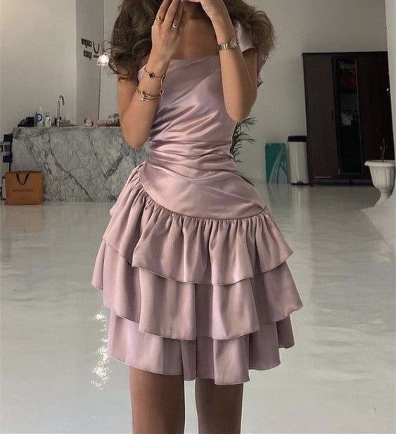Satin Dusty Pink Short Homecoming Dress fg6857 - View 2 | VelvetHem