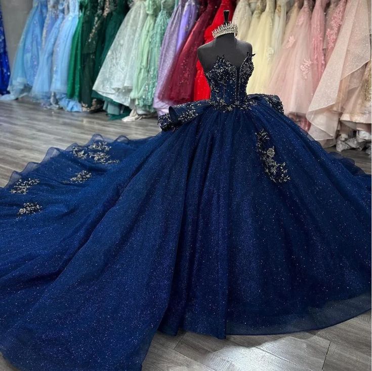 Navy Blue Sparkly Princess Quinceanera Dresses Applique Peplum Corset vestido de 15 quincea�eras Sweet 16 Ball Gown fg6840 - VelvetHem