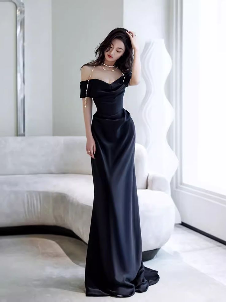 Simple Mermaid Off The Shoulder Black Prom Dresses Evening Dress fg6846 - VelvetHem
