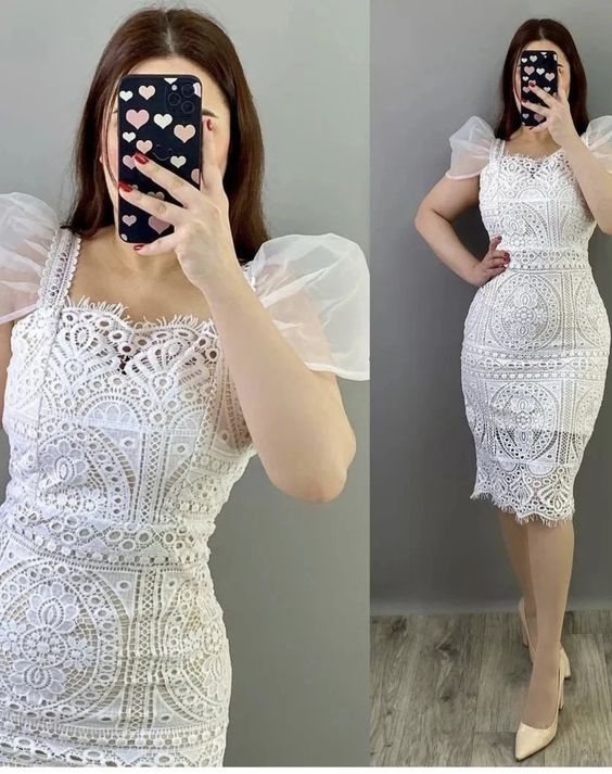 White Lace Dress Women Square Neck Puff Sleeve Hook Flower Hollow Party Dresses fg6844 - VelvetHem