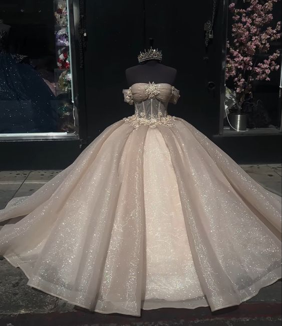 Shimmering Champagne Princess Quinceanera Dress with Off-the-Shoulder Glitter Corset for Sweet 16 Prom fg6833 - VelvetHem