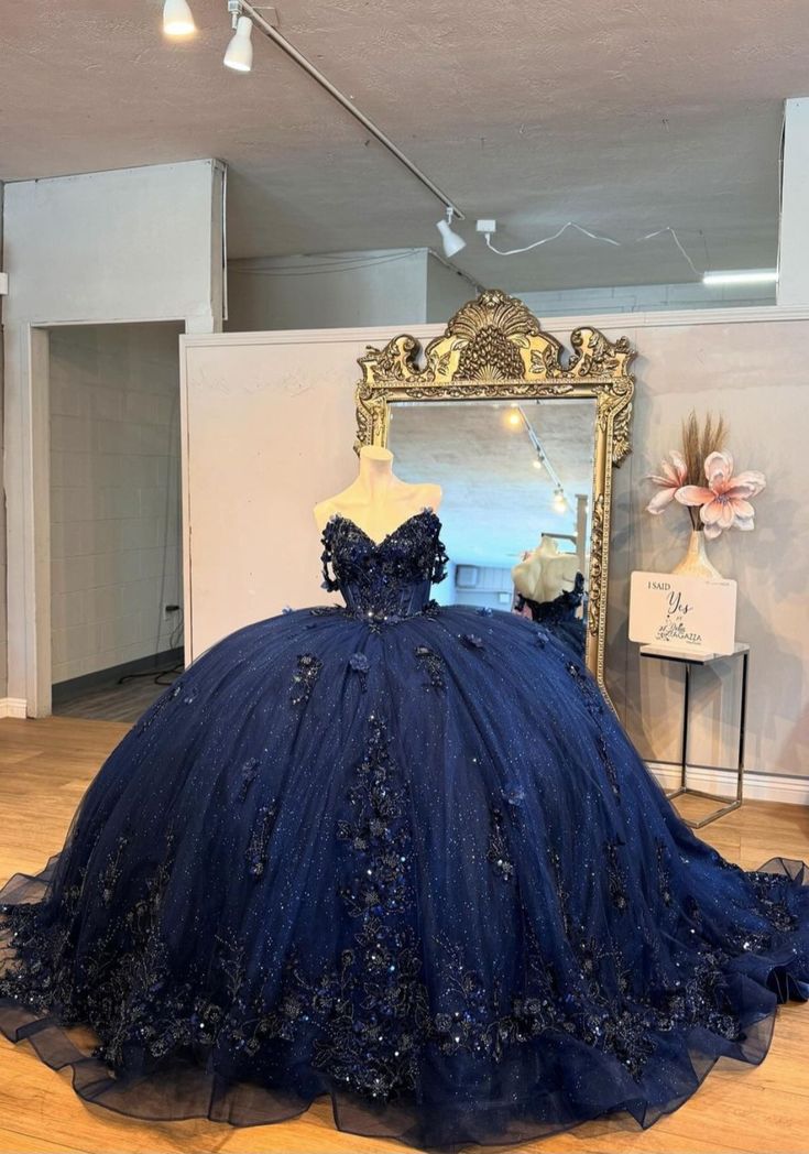 Mexico Navy Quinceanera Dress Ball Gown Floral Appliques Beaded Crystal Corset Sweet 16 Vestido De 15 Anos fg6839 - View 4 | VelvetHem