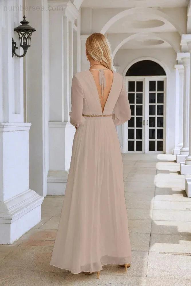 Ladies V Neck Chiffon Long Sleeve Front Slit Bridesmaid Evening Dress Wedding Party Shopping Evening Dress 28109 (ZD16991)