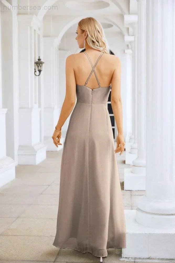 Ladies Chiffon Spaghetti Strap V Neck Front Slit Floor Length Bridesmaid Evening Dress Prom Party Wedding Evening Dress 28116 (ZD17012)