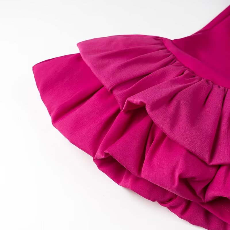 Tube Top Irregular Asymmetric Slim Fit Ruffled Stitching Mini Dress Rose Red