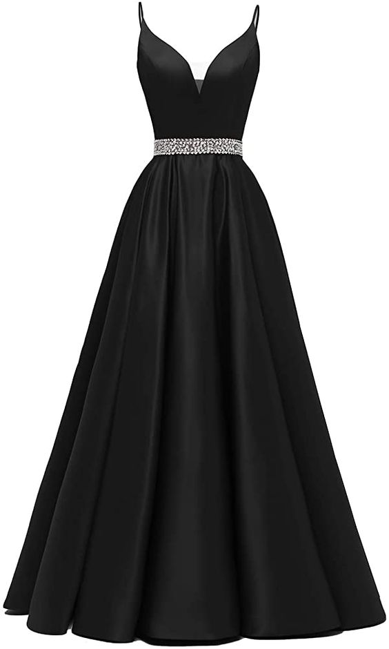 Glitter Spaghetti Straps Prom Dress Long Beaded Satin V-Neck Formal Evening Gowns - View 2 | VelvetHem