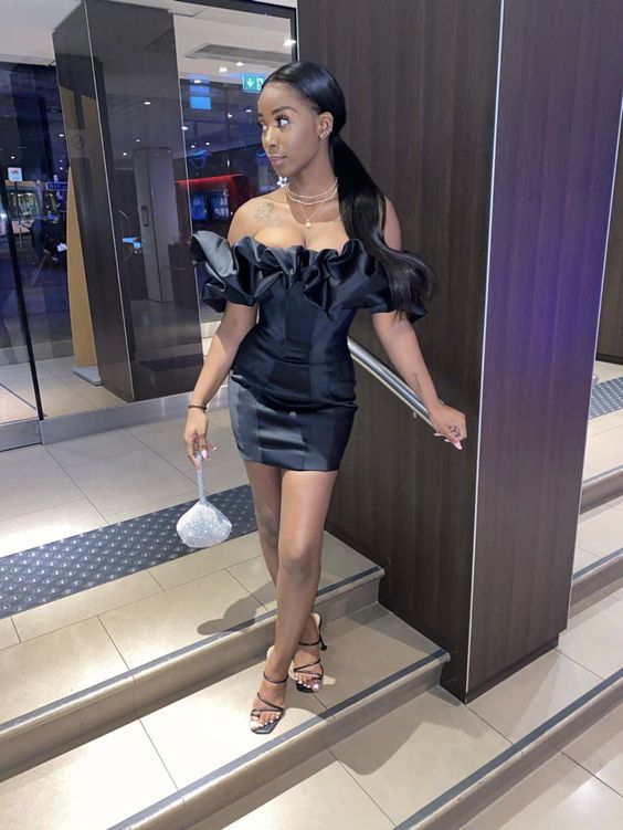 Ruffled Neckline Black Short Party Dress Popular Black Dress Short