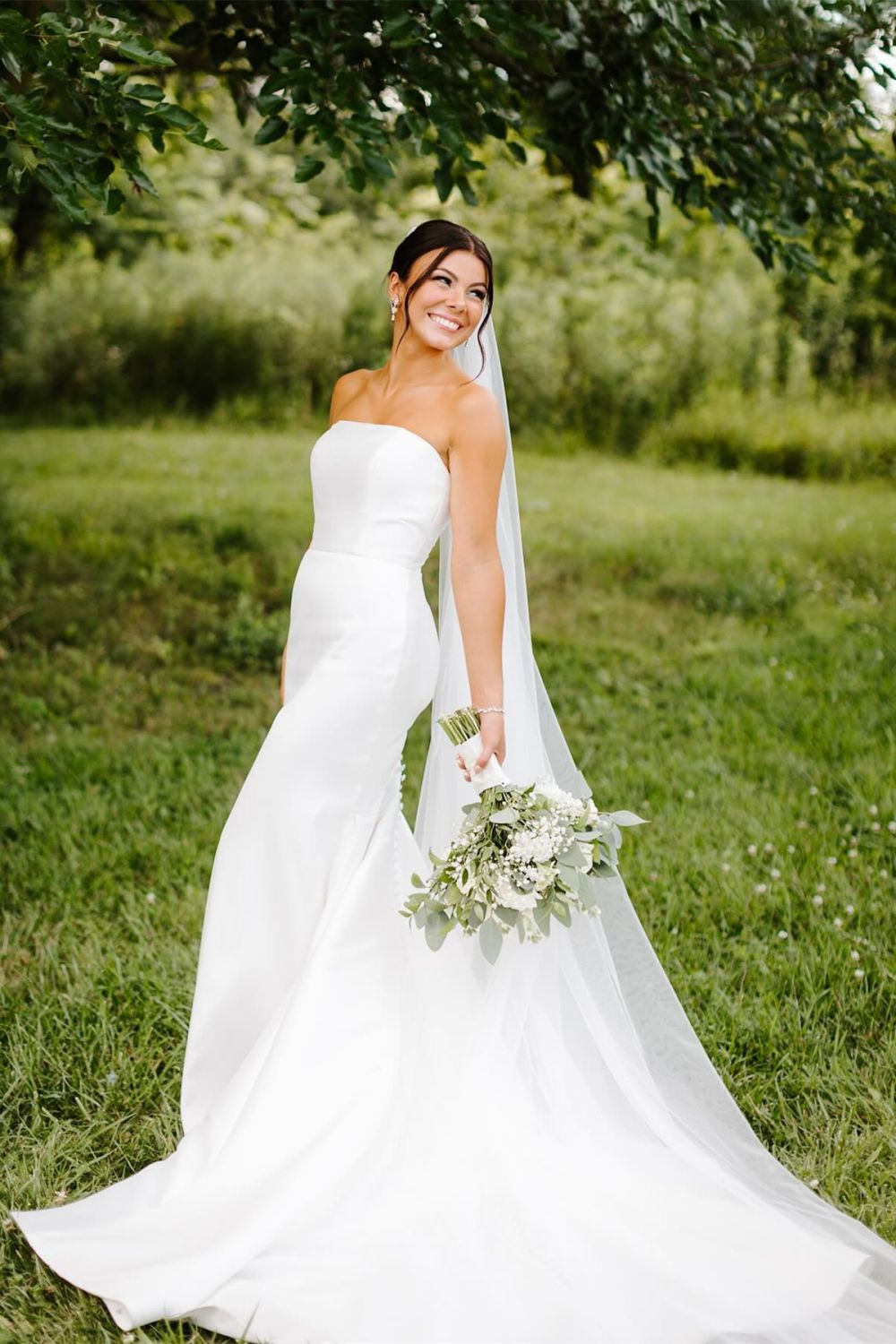 Beautiful A Line Strapless Mermaid White Long Bridal Dress with Button Up