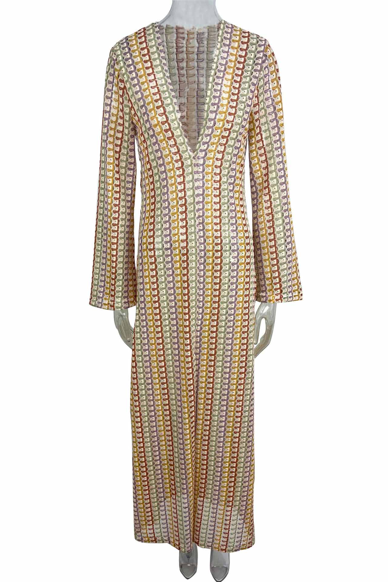 Pilar Chic Boho V Neck Bell Sleeve Maxi Dress, Wavy Striped Crochet Beach Holiday Dress Evening Wear Edit