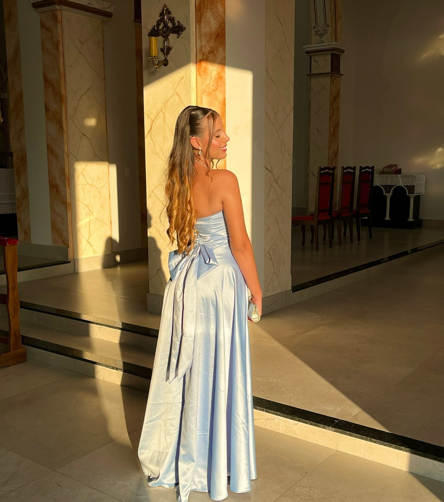 Trendy A Line Strapless Light Blue Long Prom Dress with Bowknot