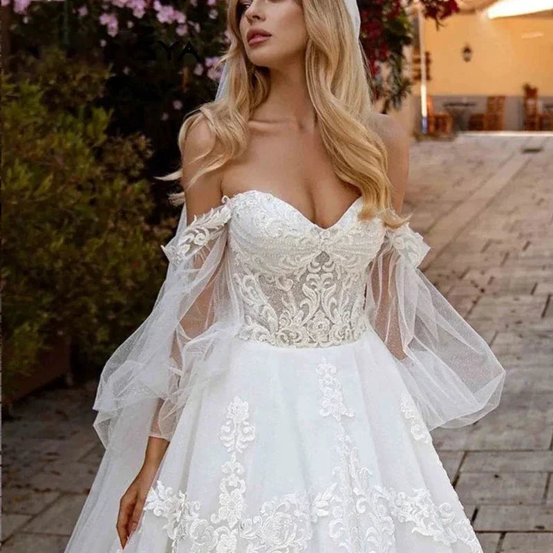 Tulle Princess Wedding Dress Puff Sleeves Off Shoulder Bridal Gown Sweetheart Appliques Lace vestidos de noiva (ZD13415)
