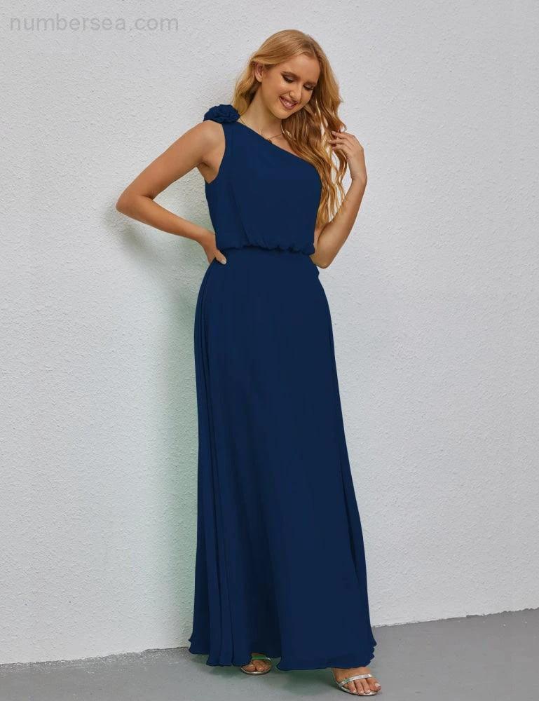 Ruffled One Shoulder Sleeveless Long Bridesmaid Dresses A-line Formal Evening Gown Side Split 28080 (ZD17018)