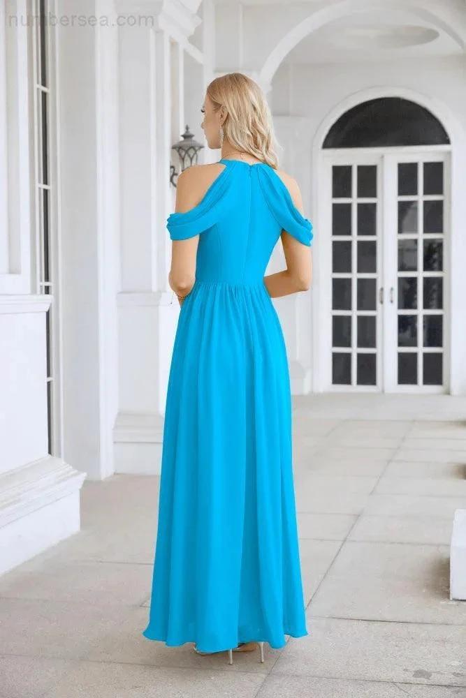 Ladies Chiffon Off Shoulder Swing Sleeve Front Slit Bridesmaid Evening Dress Wedding Party Evening Dress 28117 (ZD17011)