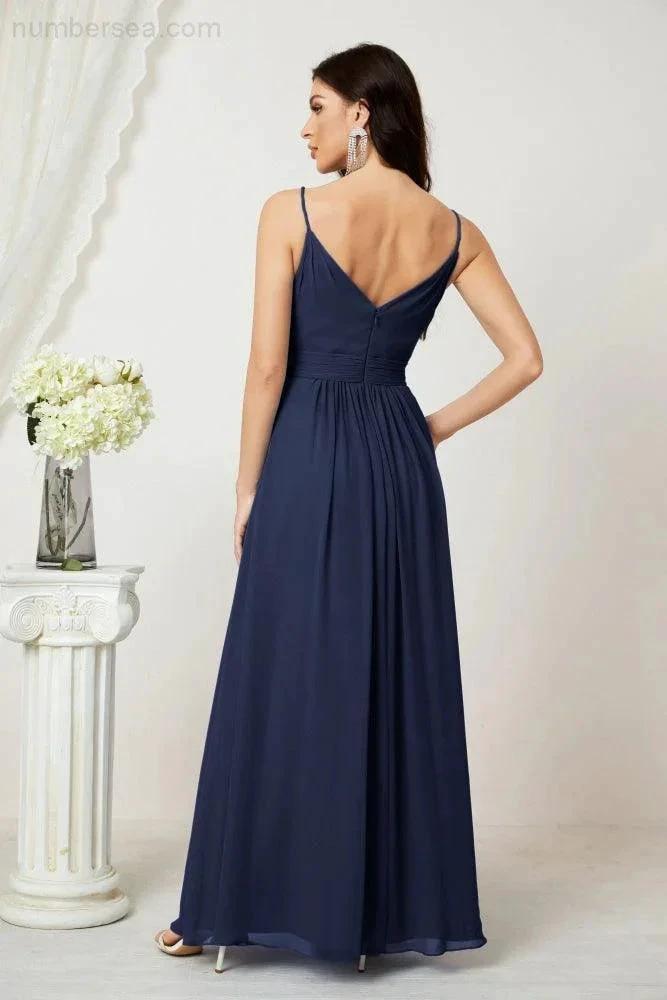 ZapDress Chiffon V-Neck Bridesmaid Dress Spaghetti Strap Long Formal Party Prom Gowns with Slit 28010 (ZD17028)