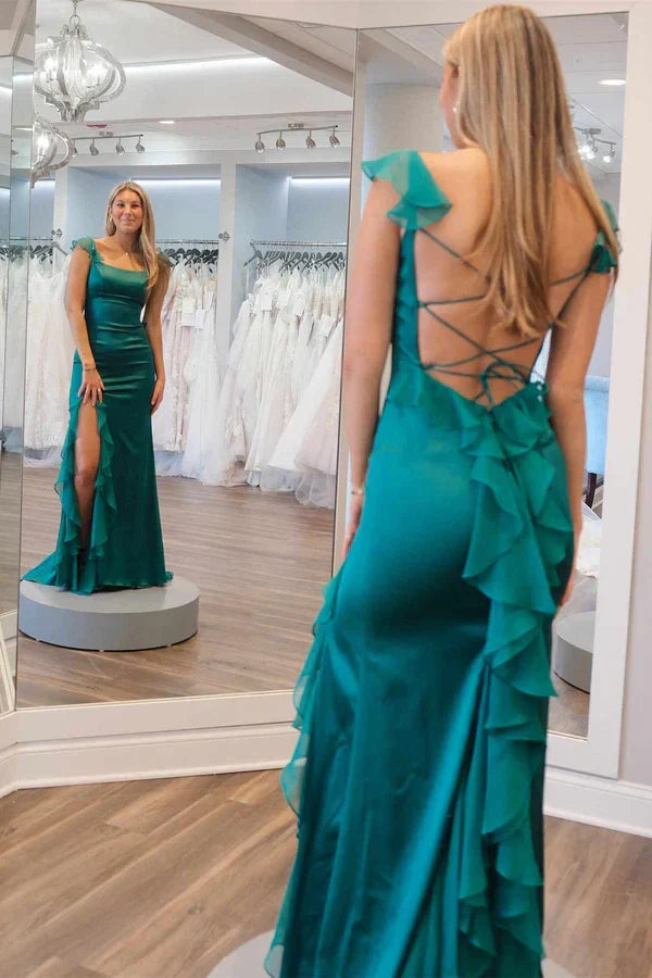 Charming Mermaid Square Neck Green Long Prom Dress with Ruffles