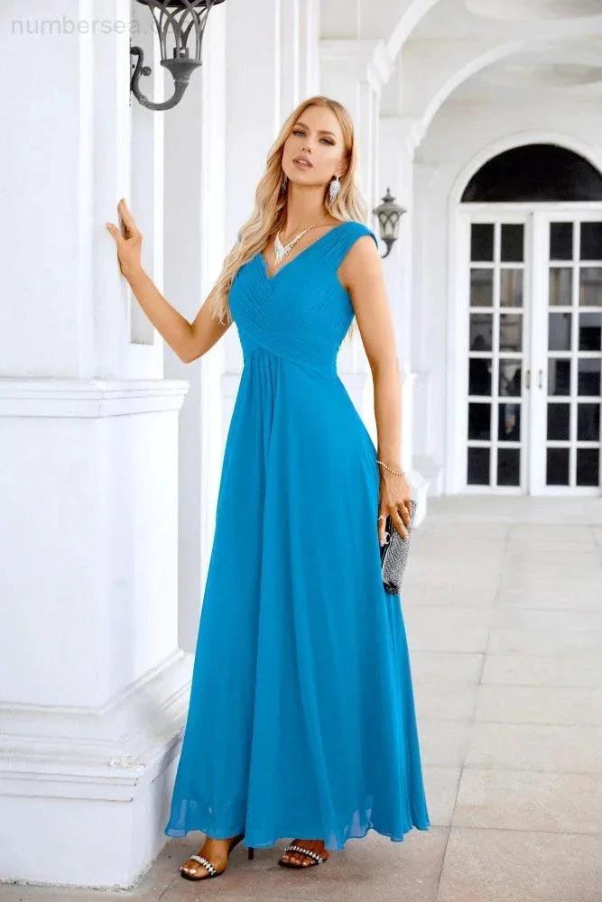Ladies Chiffon V Neck Sleeveless Floor Length Bridesmaid Evening Dress Wedding Party Evening Dress 28126 (ZD16989)
