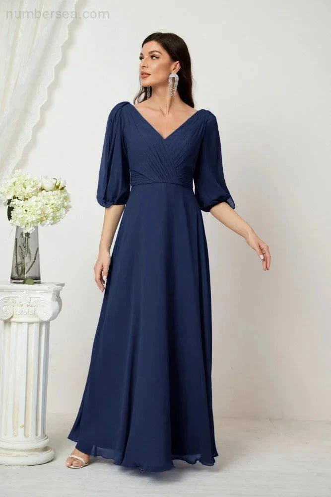 ZapDress  Formal Prom Gown Women V-Neck Chiffon Bridesmaid Dresses Long Bishop Sleeve Party Dress 2807 (ZD17027)