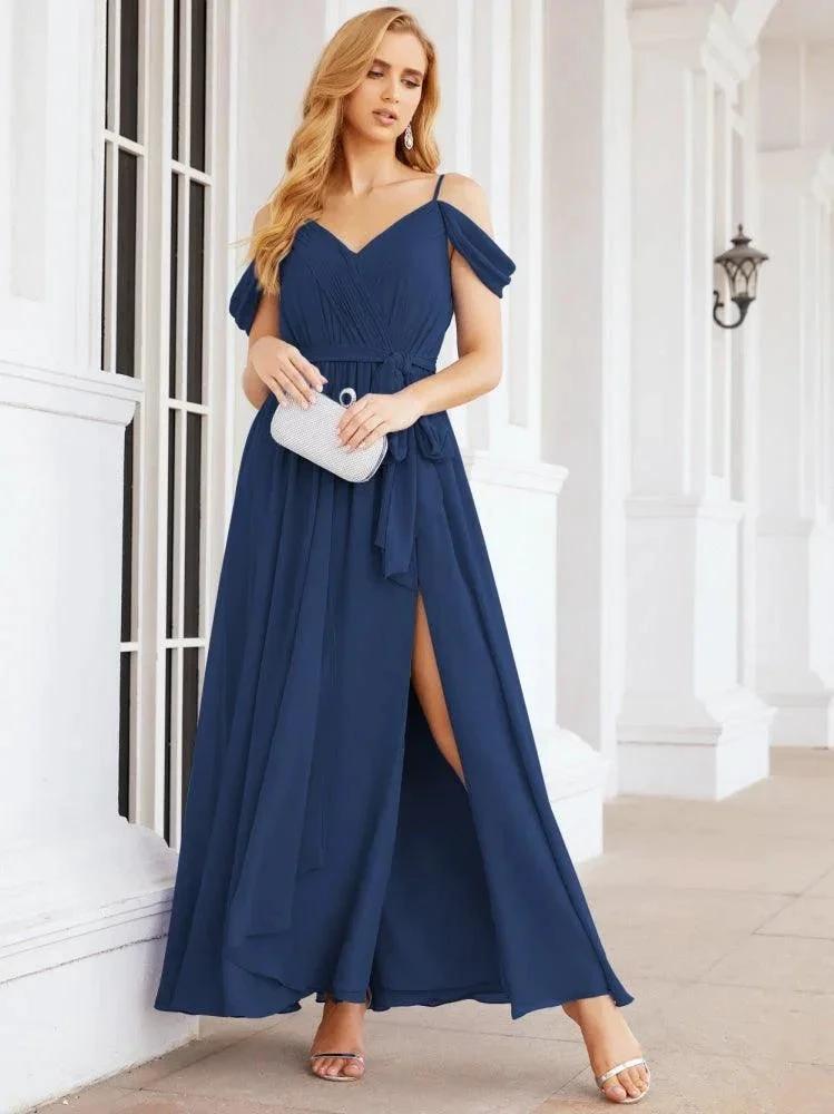 Numbersea Off The Shoulder Chiffon Bridesmaid Dress Long Formal Graduation Gown with Cowl Back 28069 by numbersea