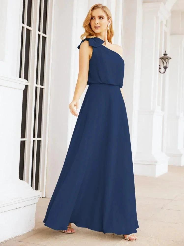Numbersea Chiffon Ruffled One Shoulder Sleeveless Long Bride Dresses A-line Formal Evening Gown Side Split 28057 by numbersea