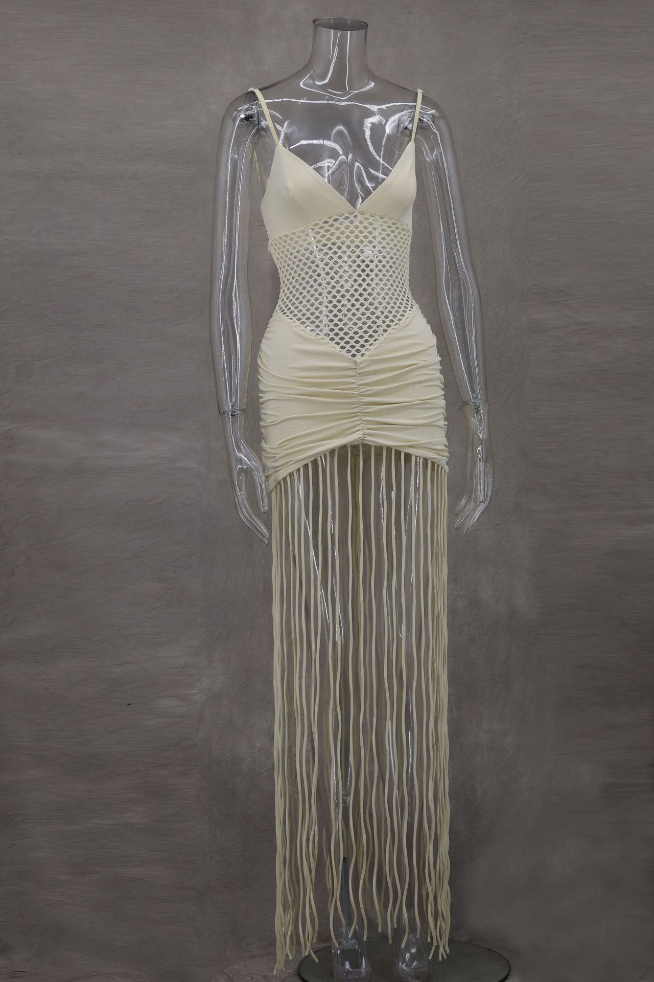 Suspenders Mesh Cropped Outfit Ruffle Hip Tassel Dress