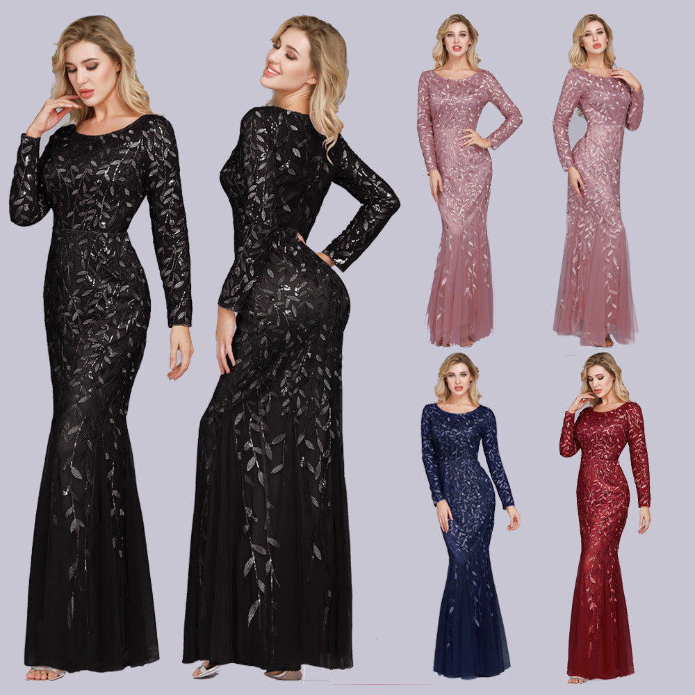 Multi - Color Long Sleeve round Neck Fishtail Banquet Evening Dress for