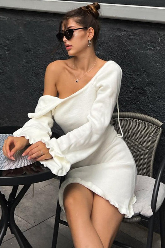 Woolen Backless Tie Detail Flared Sleeve Solid Sweater Dress - VelvetHem