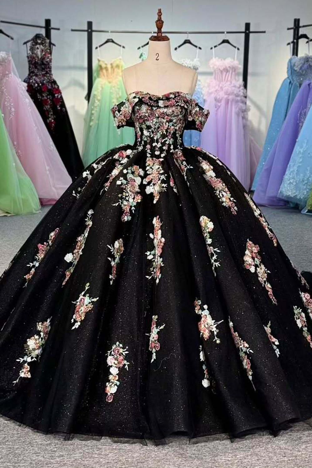 Charming A Line Off the Shoulder Black Ball Gown Quinceanera Dress with Appliques - VelvetHem