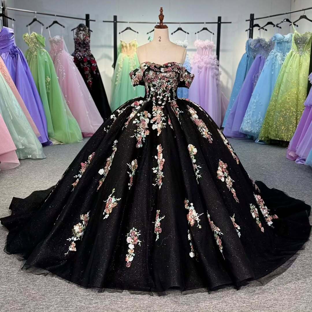 Charming A Line Off the Shoulder Black Ball Gown Quinceanera Dress with Appliques - View 4 | VelvetHem