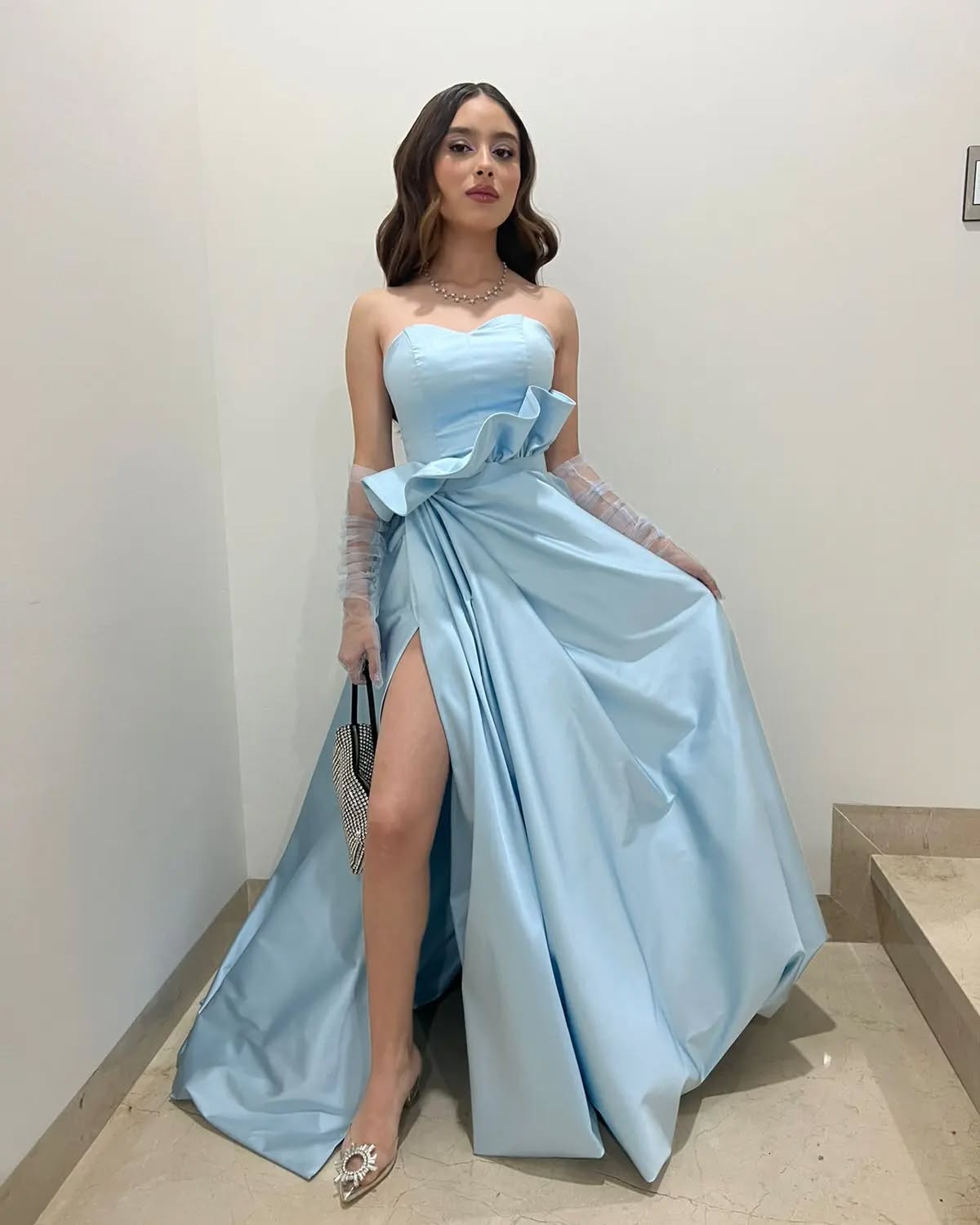 Charming A Line Sweetheart Light Blue Long Prom Dress with Split Front - VelvetHem