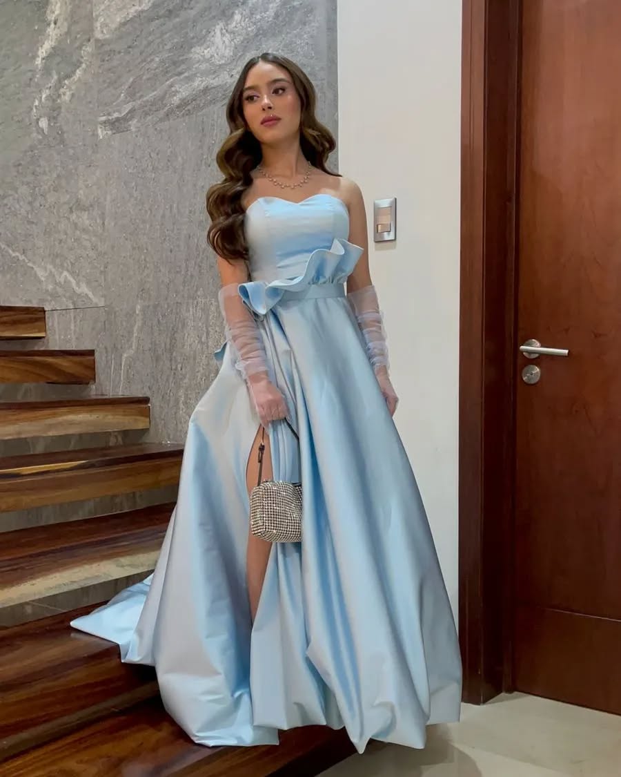 Charming A Line Sweetheart Light Blue Long Prom Dress with Split Front - View 2 | VelvetHem