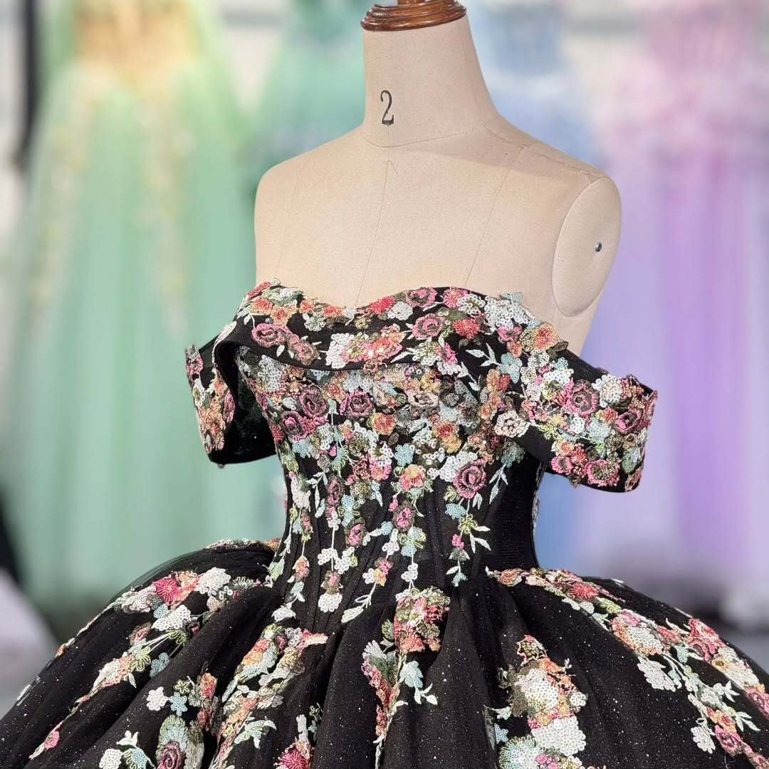 Charming A Line Off the Shoulder Black Ball Gown Quinceanera Dress with Appliques - View 3 | VelvetHem