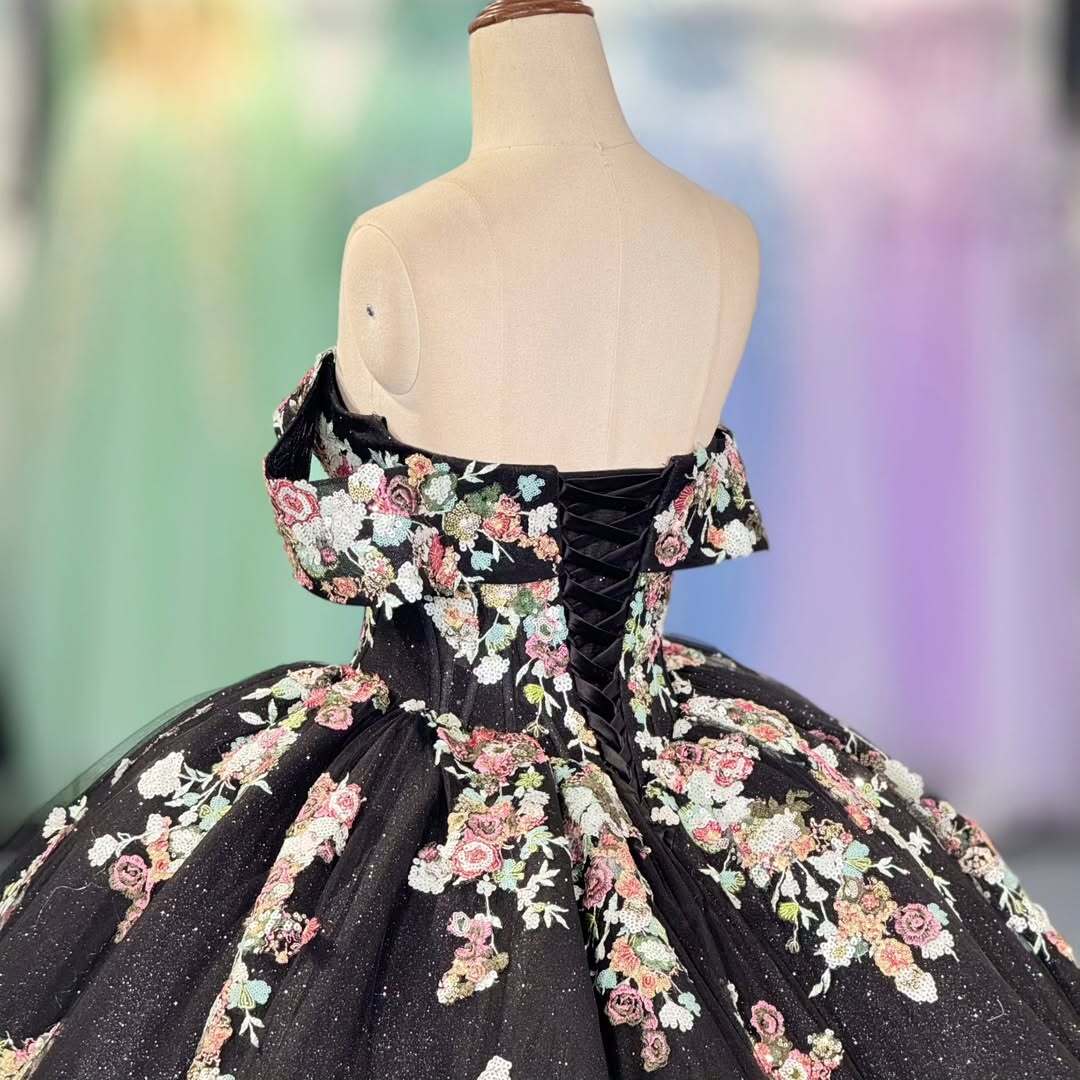 Charming A Line Off the Shoulder Black Ball Gown Quinceanera Dress with Appliques - View 2 | VelvetHem