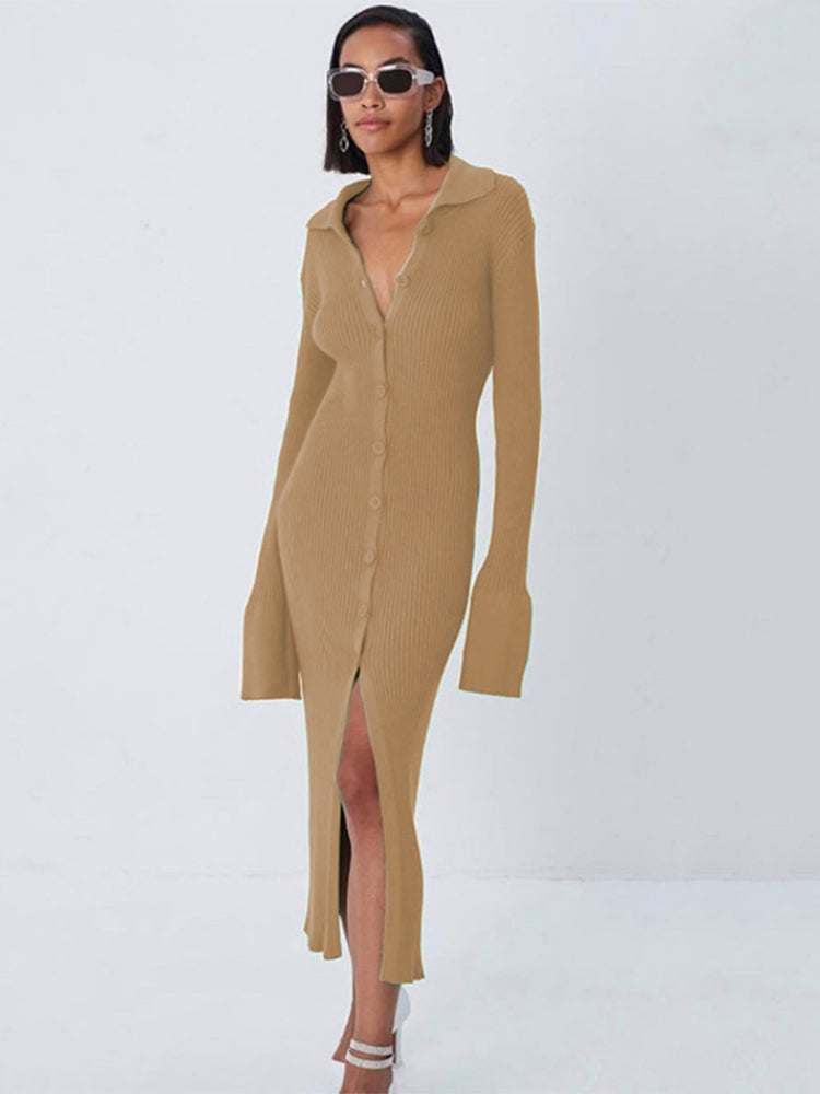 Long Cardigan Knit V - Neck Sweater Dress
