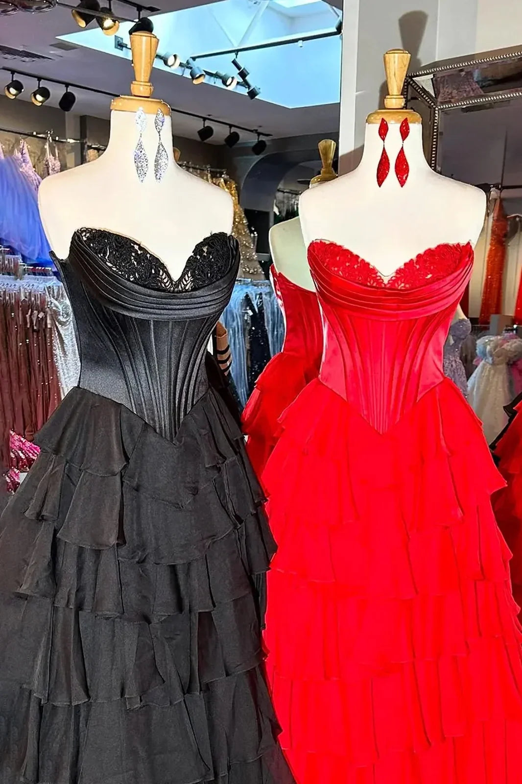 Stunning A-Line Sweetheart Satin Top Long Tiered Chiffon Prom Dress with Slit